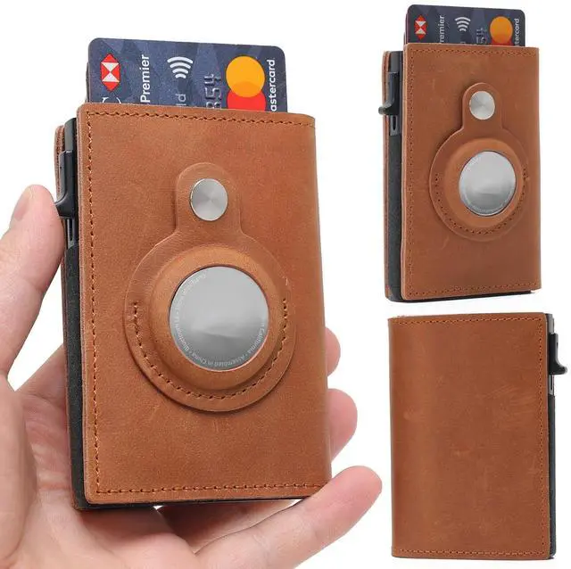 Main image of For Airtag Wallet Case Genuine Leather Credit Card Holder Magnetic Air Tag Cover - Light Brown