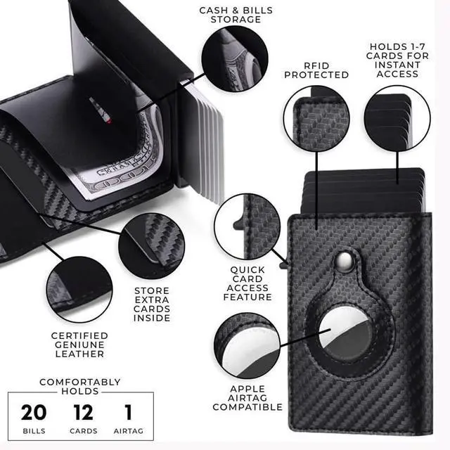 Alt view image 3 of 6 - For Airtag Wallet Case Genuine Leather Credit Card Holder Magnetic Air Tag Cover - Carbon Fiber
