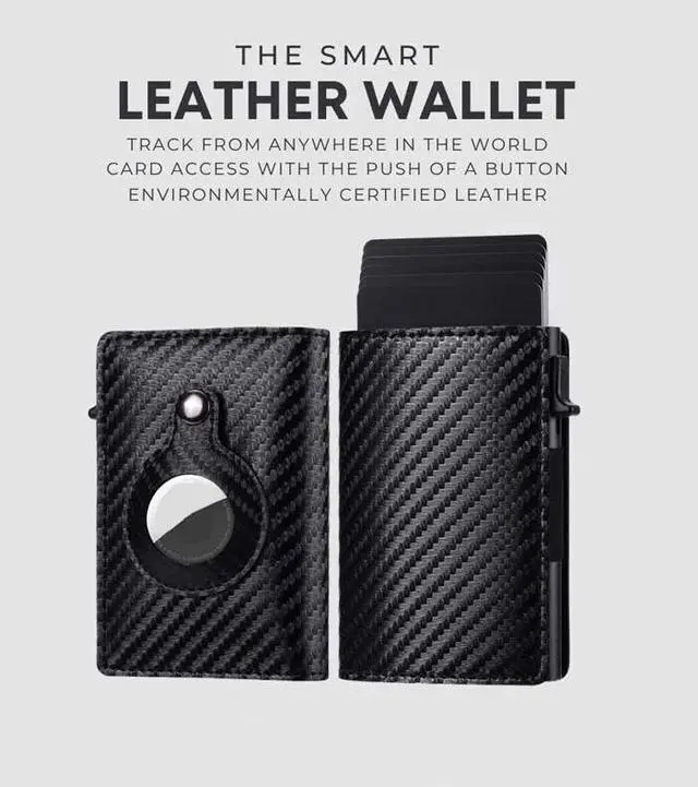 Alt view image 4 of 6 - For Airtag Wallet Case Genuine Leather Credit Card Holder Magnetic Air Tag Cover - Carbon Fiber