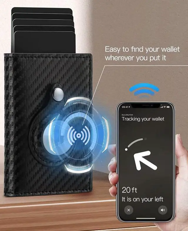 Alt view image 5 of 6 - For Airtag Wallet Case Genuine Leather Credit Card Holder Magnetic Air Tag Cover - Carbon Fiber