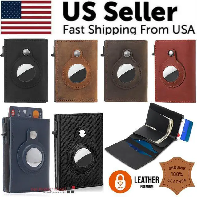 Alt view image 2 of 6 - For Airtag Wallet Case Genuine Leather Credit Card Holder Magnetic Air Tag Cover - Carbon Fiber