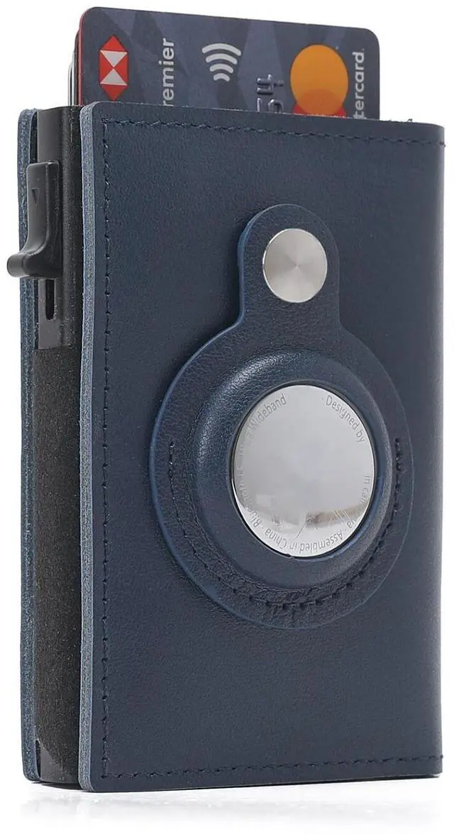 Main image of For Airtag Wallet Case Genuine Leather Credit Card Holder Magnetic Air Tag Cover - Blue