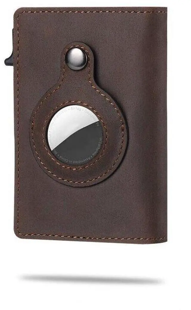Main image of For Airtag Wallet Case Genuine Leather Credit Card Holder Magnetic Air Tag Cover - Dark Brown