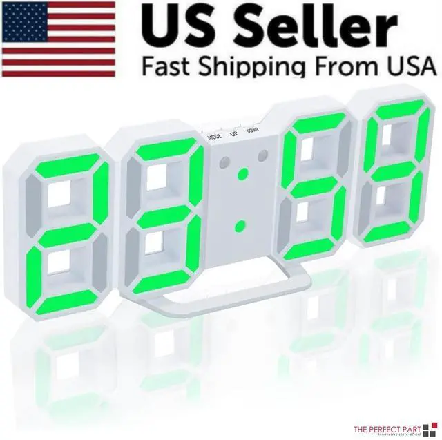 Main image of Digital 3D LED Big Wall Desk Alarm Clock Snooze 12/24 Hours Auto Brightness USB - Green