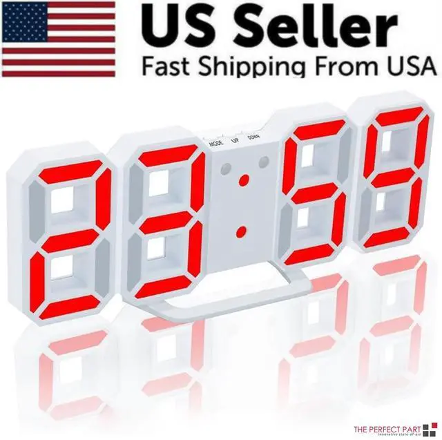 Main image of Digital 3D LED Big Wall Desk Alarm Clock Snooze 12/24 Hours Auto Brightness USB - Red