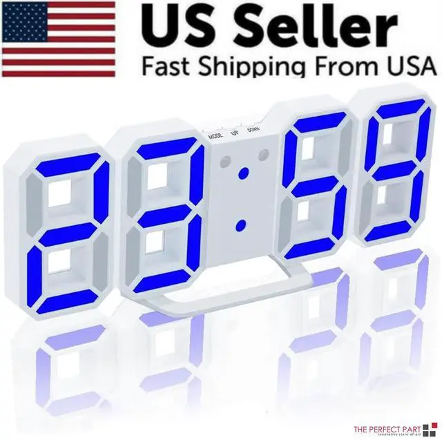 Main image of Digital 3D LED Big Wall Desk Alarm Clock Snooze 12/24 Hours Auto Brightness USB - Blue
