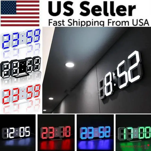 Alt view image 2 of 6 - Digital 3D LED Big Wall Desk Alarm Clock Snooze 12/24 Hours Auto Brightness USB - Blue