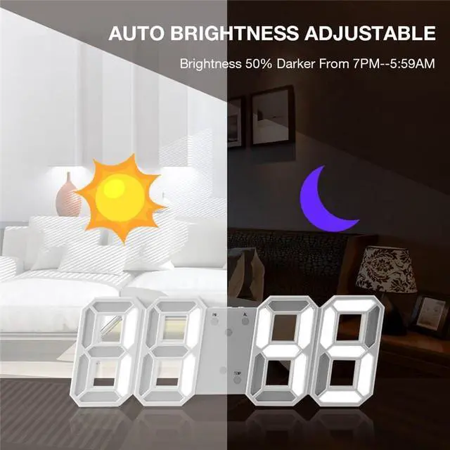Alt view image 4 of 6 - Digital 3D LED Big Wall Desk Alarm Clock Snooze 12/24 Hours Auto Brightness USB - Blue