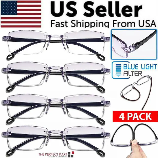 Main image of 4 PK Mens Rectangular Rimless Blue Light Blocking Reading Glasses Unisex Readers - =+3.50 strength