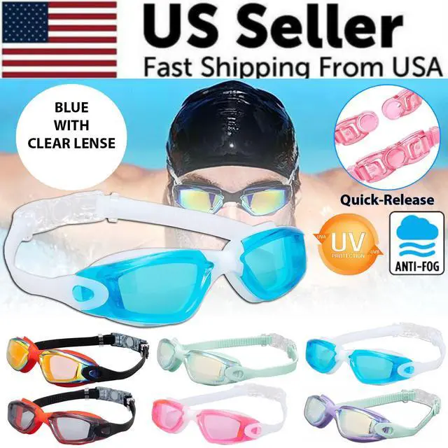 Main image of Clear Comfortable Swimming Goggles UV- Anti-Fog Swim Glasses Mirror Adult & Kids - Blue with Clear Lenses