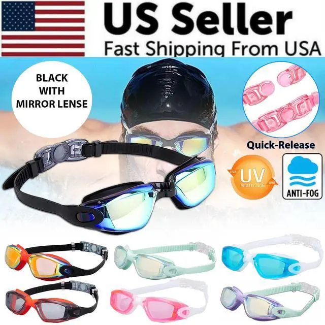 Main image of Clear Comfortable Swimming Goggles UV- Anti-Fog Swim Glasses Mirror Adult & Kids - Black with Mirrored Lenses