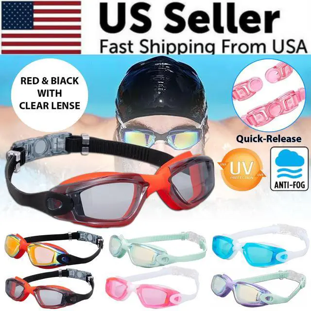 Main image of Clear Comfortable Swimming Goggles UV- Anti-Fog Swim Glasses Mirror Adult & Kids - Black and Red with Clear Lense