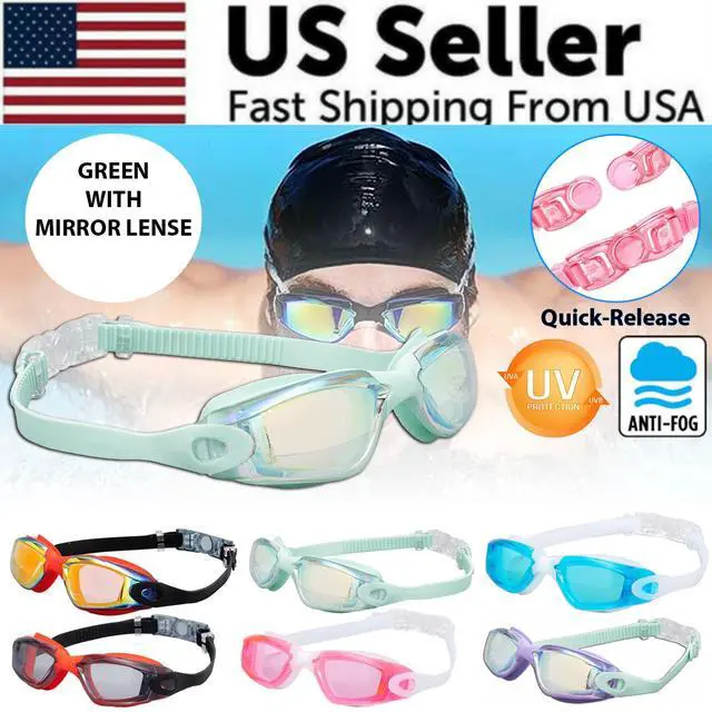 Main image of Clear Comfortable Swimming Goggles UV- Anti-Fog Swim Glasses Mirror Adult & Kids - Green with Mirrored Lenses