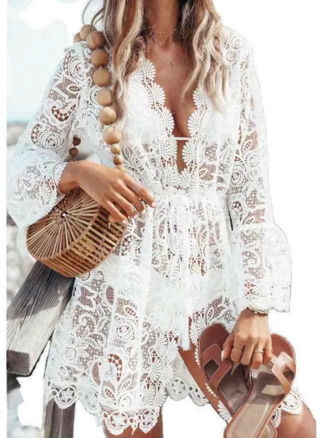 Main image of Lace Bathing Suit Cover Up Boho Beach Women Maxi Bikini Sundress Dress Summer US - White