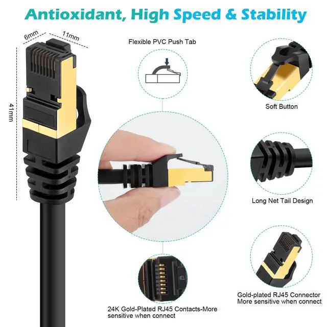 Alt view image 4 of 6 - Cat 8 Ethernet RJ45 Cable Super Speed 40Gbps Patch LAN Network Gold Plated Lot - 6 FT