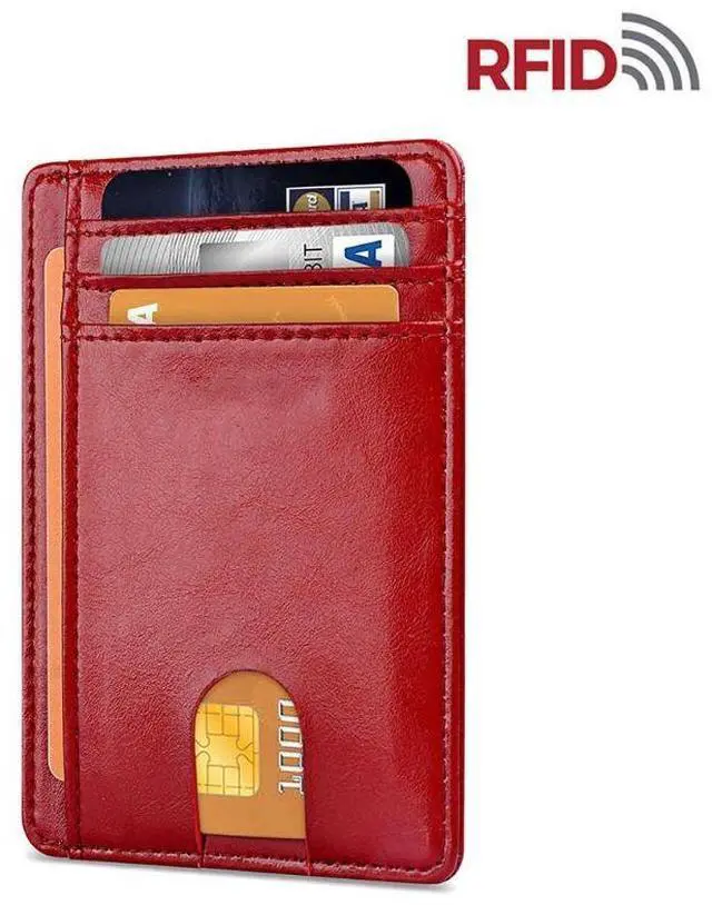 Main image of Mens Leather Slim Wallet Credit Card Holder RFID Blocking Pocket ID Money PU USA - Smooth Red