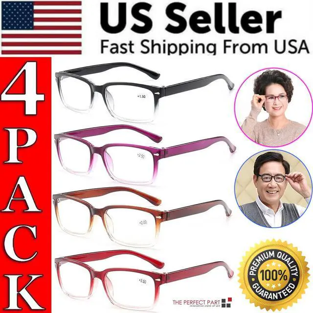 Main image of 4 Pair Rectangular Spring Hinge Power Reading Reader Glasses For Mens Womens 1-4 - +2.75 Strength