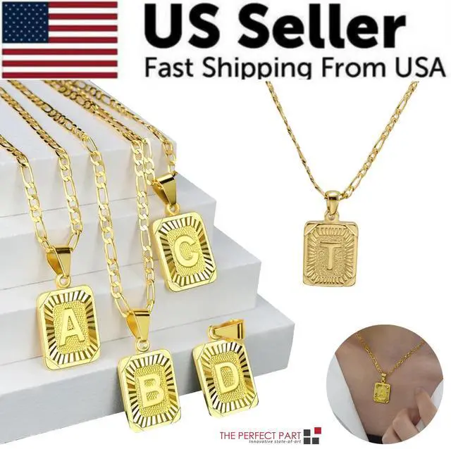 Main image of Gold Plated Initial Letter A-Z Pendant Necklace Choker Jewelry 18" Steel Chain - T