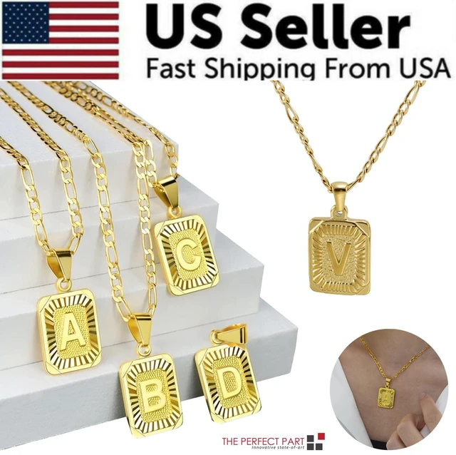 Main image of Gold Plated Initial Letter A-Z Pendant Necklace Choker Jewelry 18" Steel Chain - V