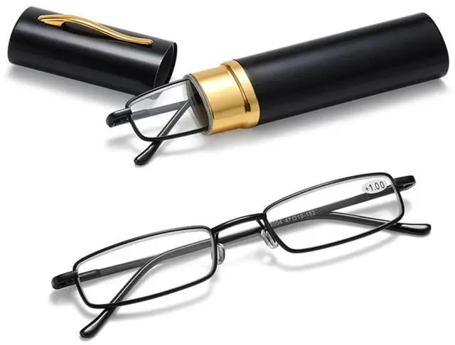 Main image of Compact Reading Glasses with Aluminum Tube Case Men Women Spring Hinge Reader - +3.25 Strength