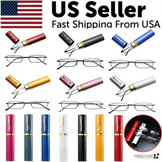 Alt view image 2 of 6 - Compact Reading Glasses with Aluminum Tube Case Men Women Spring Hinge Reader - +1.25 Strength