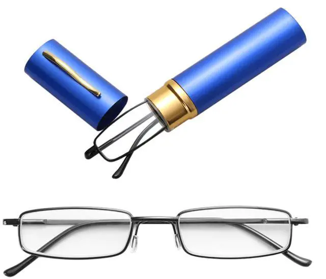 Main image of Compact Reading Glasses with Aluminum Tube Case Men Women Spring Hinge Reader - +3.00 Strength