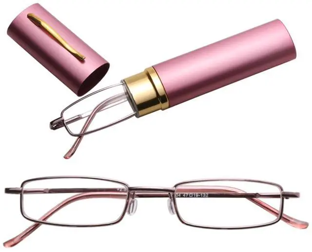 Main image of Compact Reading Glasses with Aluminum Tube Case Men Women Spring Hinge Reader - +3.25 Strength