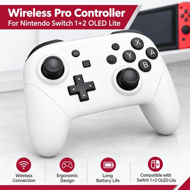Alt view image 3 of 7 - Arctic White Wireless Pro Controller For Nintendo Switch 1+2 OLED Lite Bluetooth