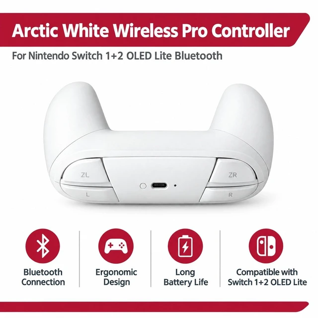 Alt view image 4 of 7 - Arctic White Wireless Pro Controller For Nintendo Switch 1+2 OLED Lite Bluetooth