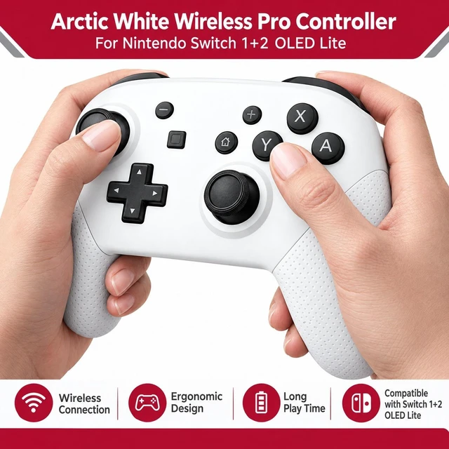 Alt view image 2 of 7 - Arctic White Wireless Pro Controller For Nintendo Switch 1+2 OLED Lite Bluetooth
