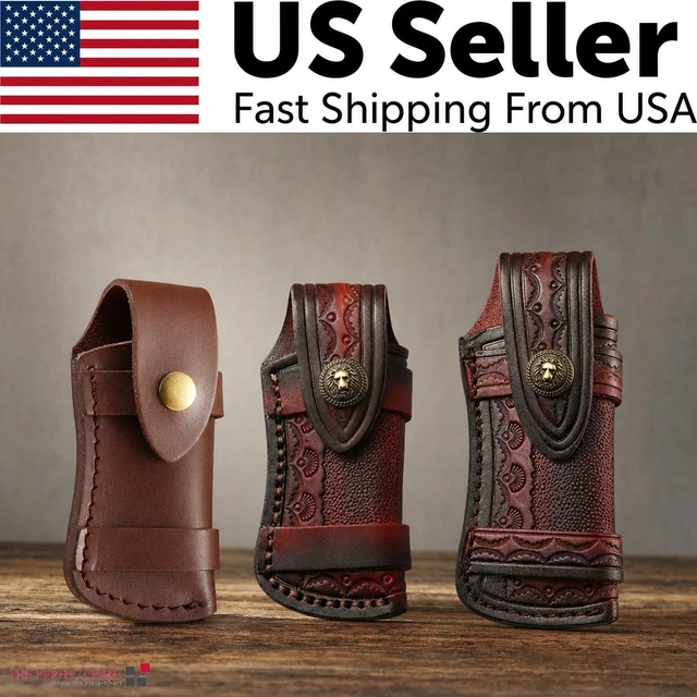 Alt view image 2 of 6 - Hand Made Carved Cow Leather Sheath For Folding Knife Cover Pouch Belt Clip US - Small Brown
