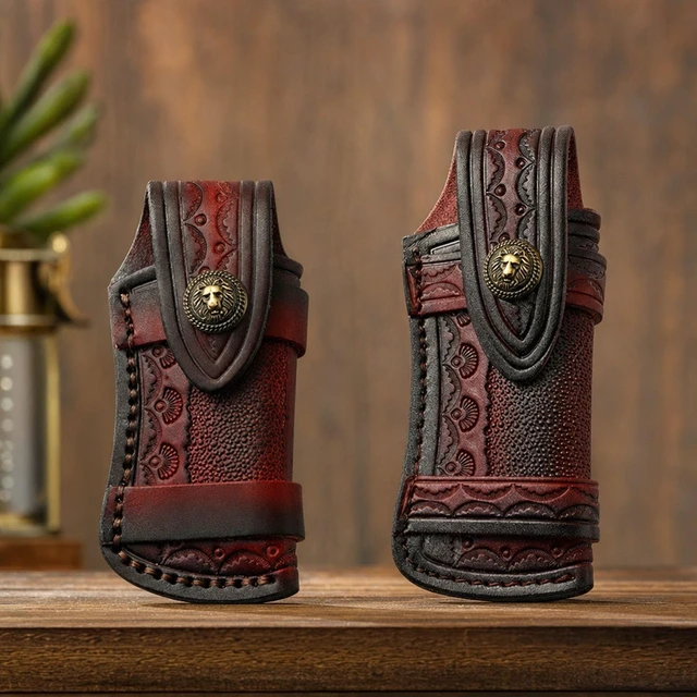 Alt view image 3 of 6 - Hand Made Carved Cow Leather Sheath For Folding Knife Cover Pouch Belt Clip US - Small Brown