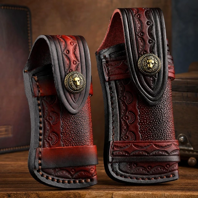 Alt view image 4 of 6 - Hand Made Carved Cow Leather Sheath For Folding Knife Cover Pouch Belt Clip US - Small Brown