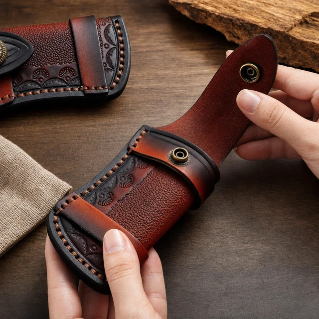 Alt view image 5 of 6 - Hand Made Carved Cow Leather Sheath For Folding Knife Cover Pouch Belt Clip US - Small Brown