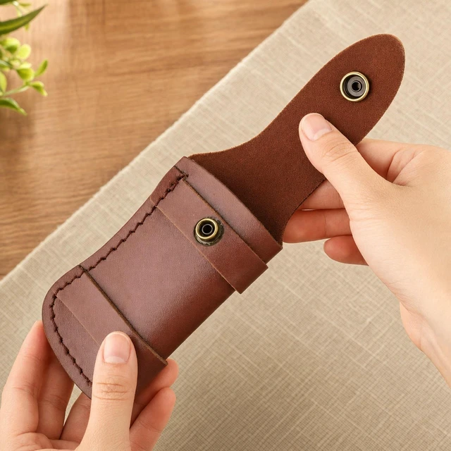 Alt view image 6 of 6 - Hand Made Carved Cow Leather Sheath For Folding Knife Cover Pouch Belt Clip US - Small Brown