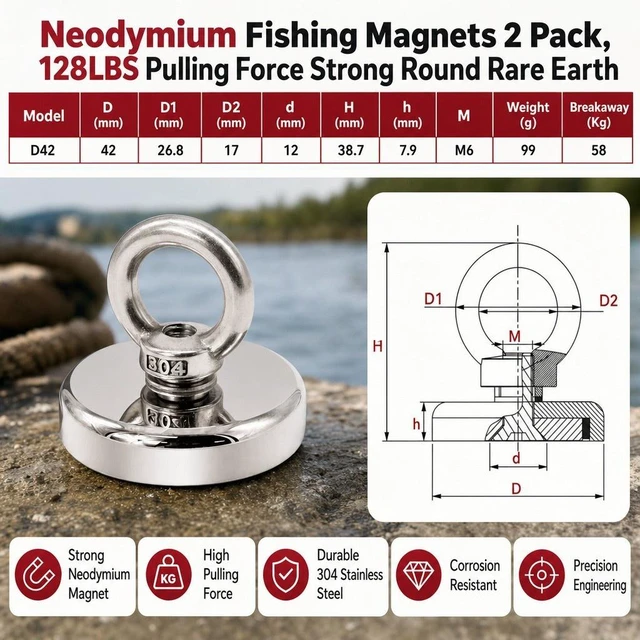 Alt view image 2 of 7 - Neodymium Fishing Magnets 2 Pack, 128LBS Pulling Force Strong Round Rare Earth