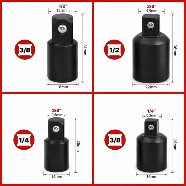 Alt view image 4 of 7 - 4 Pack Air Impact Socket Adapter Set 3/8" to 1/4" 1/2 inch Drive Ratchet Reducer