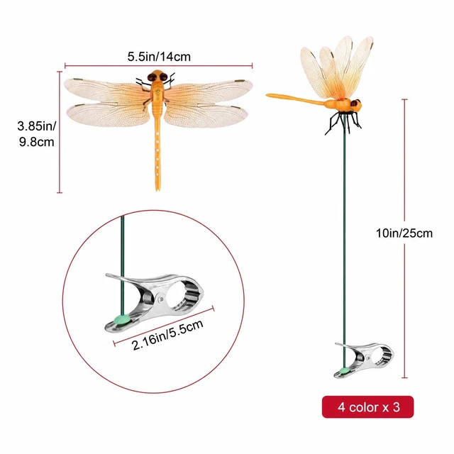 Alt view image 2 of 7 - 12 Fake Dragonfly Clips Clip on Dragonfly for Outdoors 3D Dragonfly Garden Decor