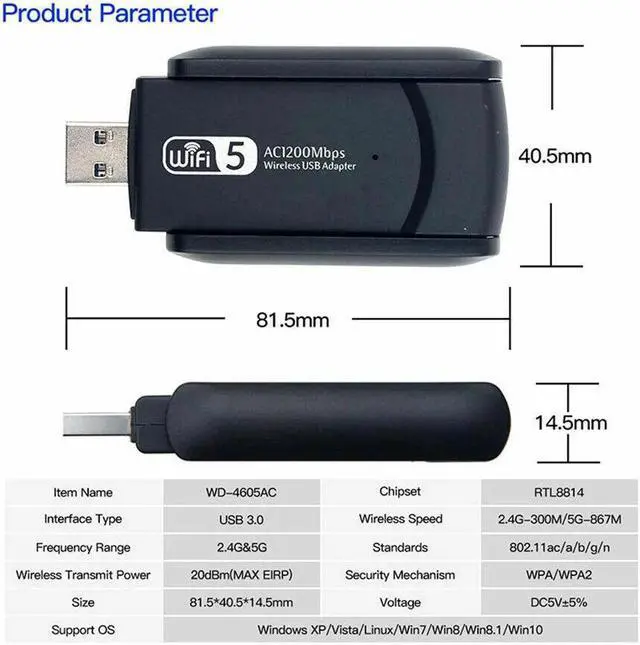 Alt view image 6 of 7 - 1200Mbps Long Range AC1200 Dual Band 5GHz Wireless USB 3.0 WiFi Adapter Antennas