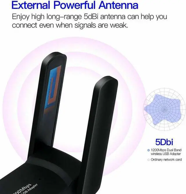 Alt view image 3 of 7 - 1200Mbps Long Range AC1200 Dual Band 5GHz Wireless USB 3.0 WiFi Adapter Antennas