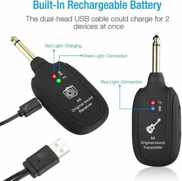 Alt view image 7 of 7 - UHF Guitar Wireless System Transmitter+Receiver Built In Rechargeable Battery