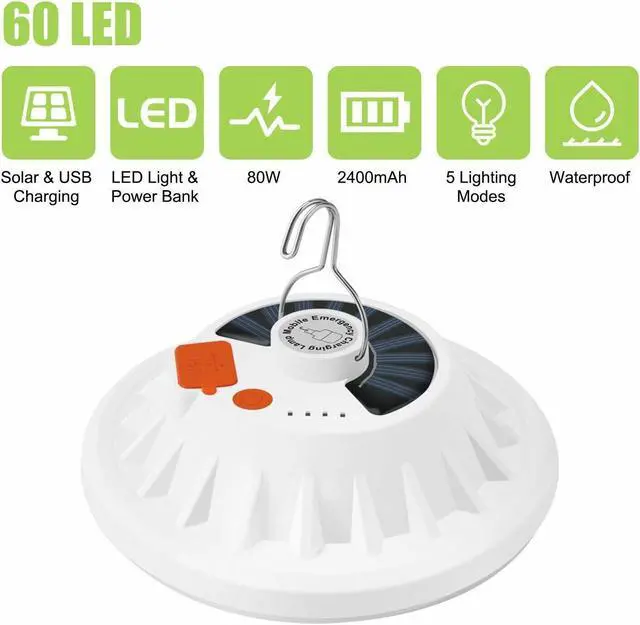 Alt view image 7 of 7 - Rechargeable 60 LED Outdoor Camping Tent Light USB & Solar Lantern Hiking Lamp