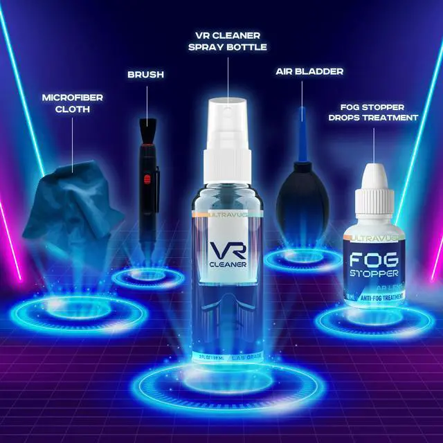 Alt view image 2 of 7 - UltraVue VR Cleaning Set - Virtual And Augmented Reality Headset Cleaning Kit - Includes VR Cleaner Gel Sprays, Microfiber Cloths, Anti Fog Drop Treatments, Brush and Air Bladder With Precision Nozzle