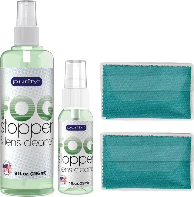 Main image of Purity Fog Stopper and Lens Cleaner Kit (For Non-AR Coated Lenses) - 1 x 8oz and 1 x 2oz Anti Fog Spray + 2 Microfiber Cleaning Cloths - Fog Blocker and Anti-Static Glass and Lens Cleaning Spray