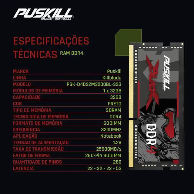 Alt view image 2 of 6 - PUSKILL DDR4 32GB 3200MHZ 1.2V 260-Pin Notebook Memory RAM