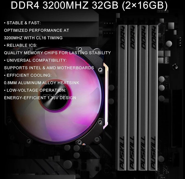 Alt view image 5 of 7 - PUSKILL DDR4 3200MHz CL16 Desktop RAM Kit Heat Sink, 32GB (2x16GB) | PC4-2560028-Pin, Non ECC Unbuffered UDIMM, 1.35V, CL16-18-18-42, XMP 2.0, Intel and AMD Compatible, Gaming PC Upgrade