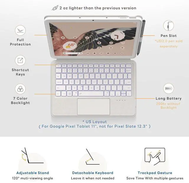 Alt view image 2 of 7 - eiP Magnetix Keyboard Case for Google Pixel Tablet 11 inch (2023), Adjustable Viewing Angle, Detachable, Easy Carry-on, Protective Cover Compatible with Charging Speaker Dock, 7 Backlight Color, White