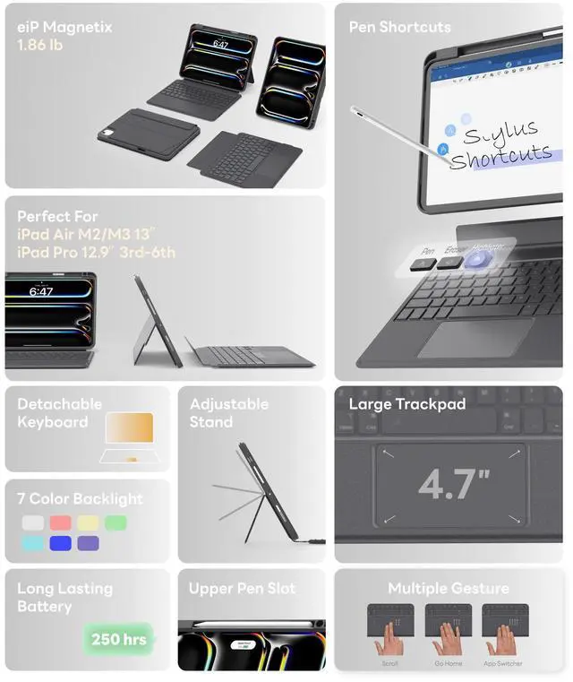 Alt view image 6 of 7 - EIP Bluetooth Keyboard Case for iPad Air 13 inch (M3 2025/M2 2024), 13" Magnetic Detachable Case with Trackpad, 7-Color Backlit Keys, Stylus Shortcut Support, Slim Protective Cover