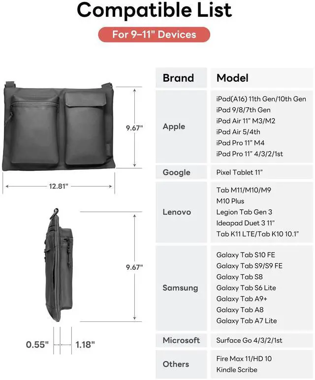 Alt view image 2 of 6 - EIP 9-11 Inch Tablet Sleeve Bag with Shoulder Strap for iPad (A16) 11/10/9/8 Gen, Air 11M3/M2/5/4th, Pro 11M4/4/3, Pixel Tablet 11", Fire max 11/HD 10, Kindle Scribe, Tab S10/S9 11", Surface Go 4