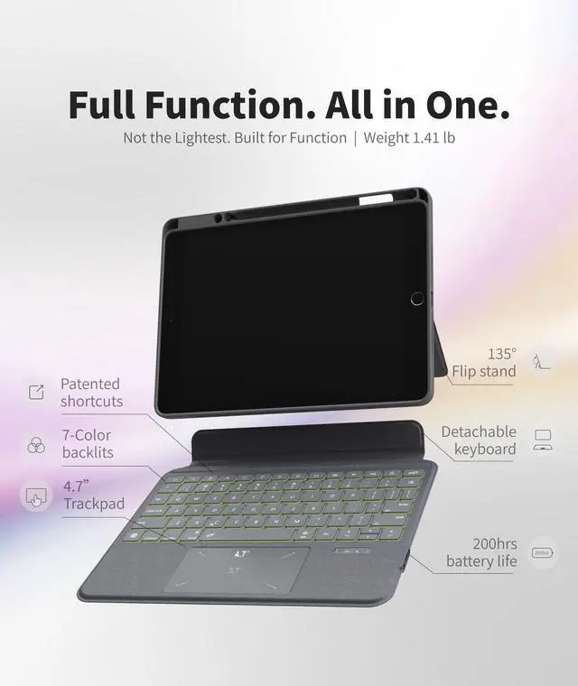 Alt view image 3 of 7 - EIP Bluetooth Keyboard Case for iPad 10.2 inch (7th/8th/9th Gen) & iPad Air 10.5 inch (3rd Gen), 10.2 "Magnetic Detachable Cover with Trackpad, 7-Color Backlit Keys, Slim Protective Smart Case